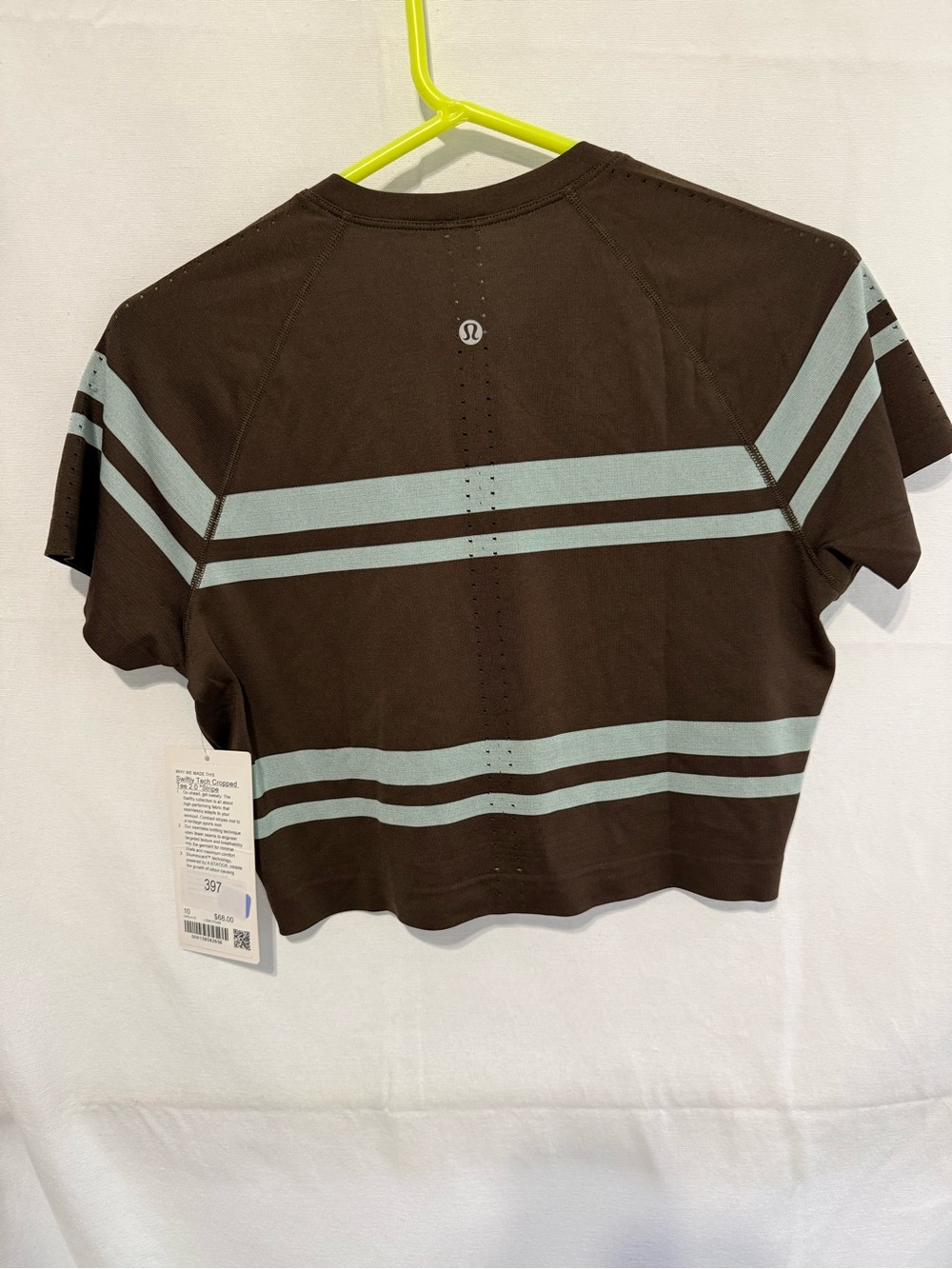 NWT Lululemon Swiftly Brown Crop Tee with Light Blue Stripes Size 10 - Picture 2 of 4